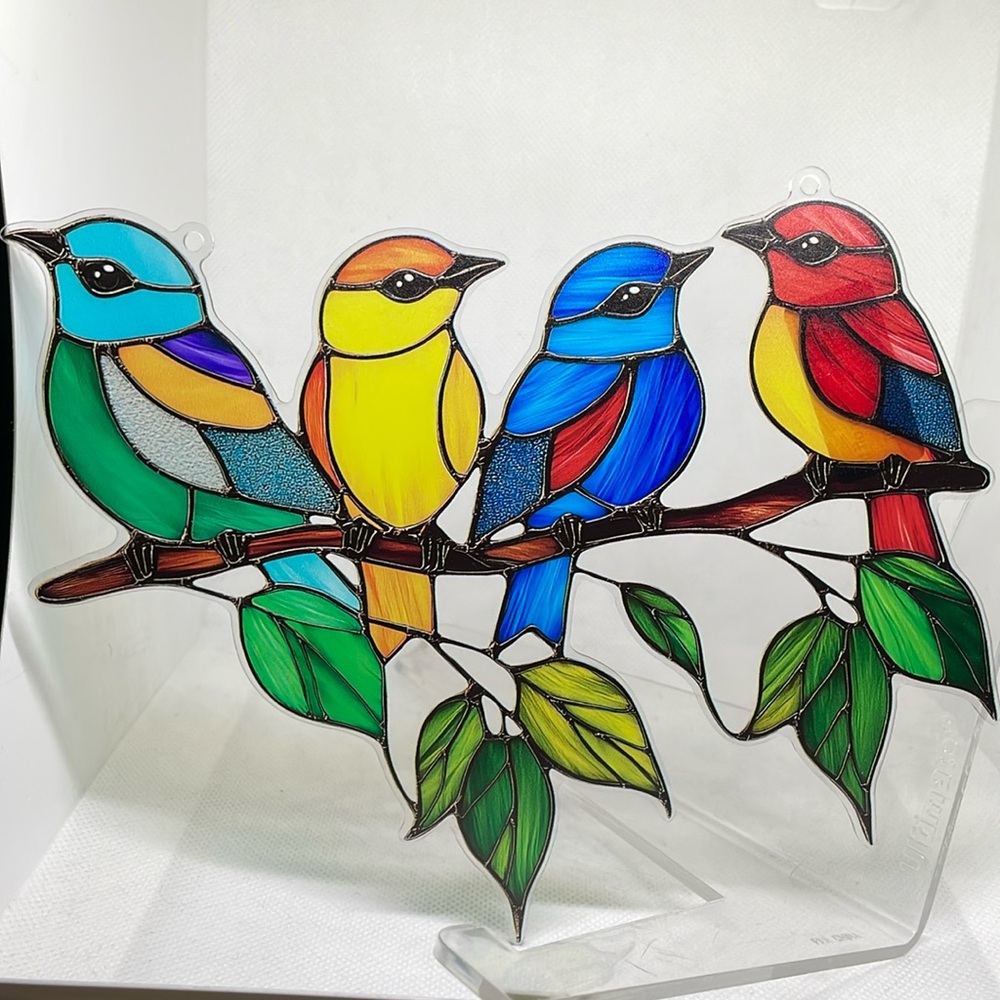 Suncatcher Acrylic Colourful Perched Birds Wildlife Faux Stained Glass Decor